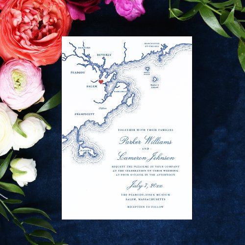 Salem MA North Shore Map Elegant Navy Wedding Invitation