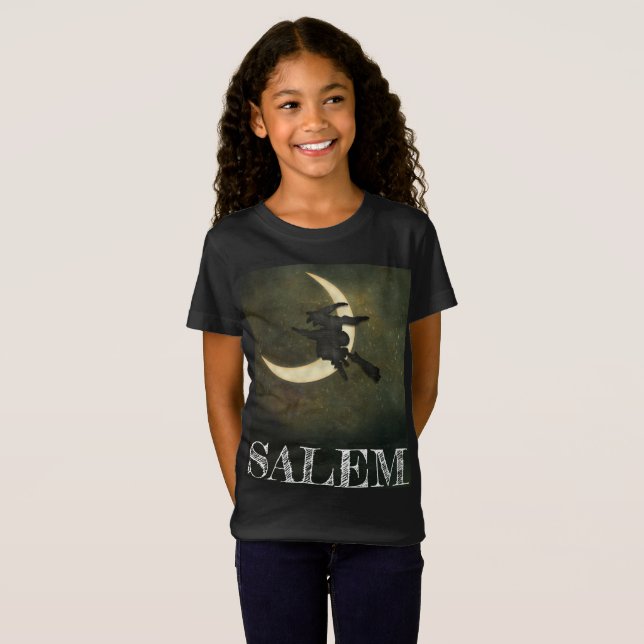 Salem Massachusetts Witch flying on broom tee (Front Full)