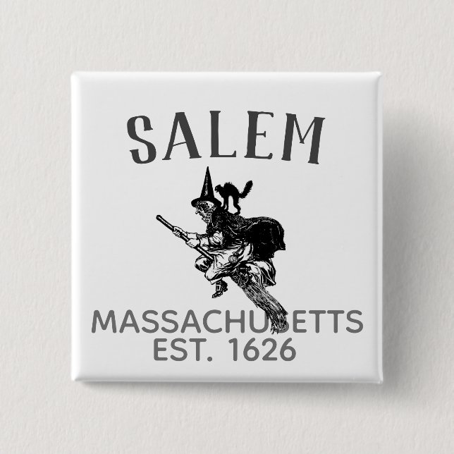 Salem Massachusetts witch on broom with cat Button (Front)