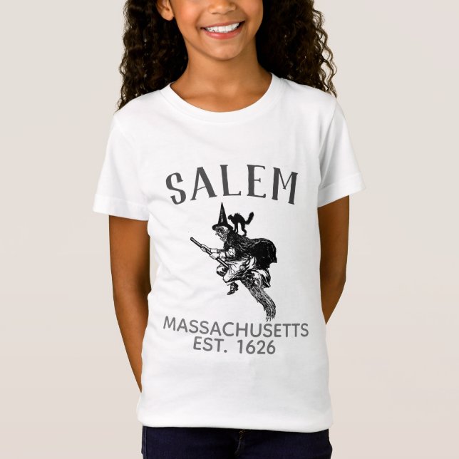 Salem Massachusetts witch on broom with cat, girls T-Shirt (Front)