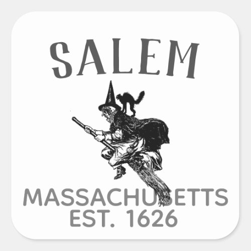 Salem Massachusetts witch on broom with cat Square Sticker