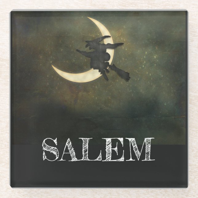 Salem Massachusetts Witch Over Moon Halloween Glass Coaster (Front)