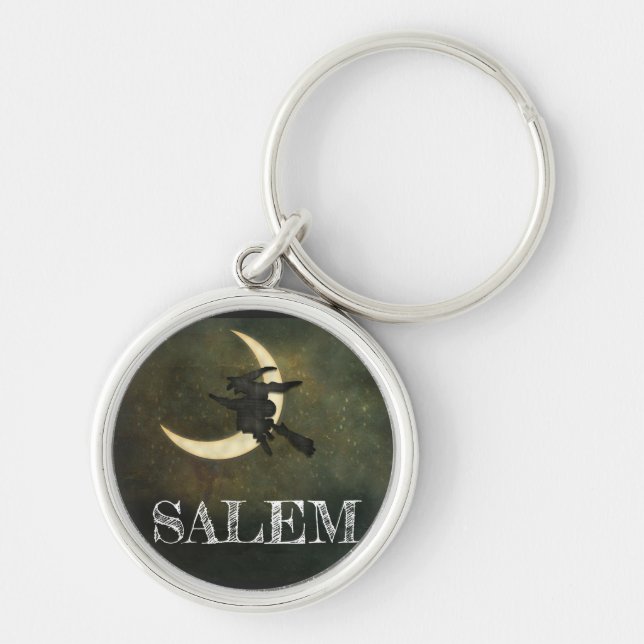 Salem Massachusetts Witch Over Moon Halloween Keychain (Front)