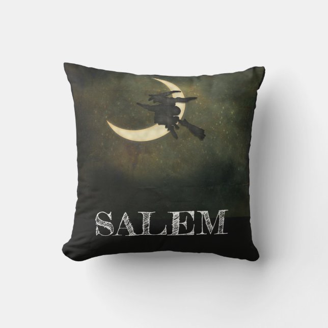 Salem Massachusetts Witch Over Moon Halloween Throw Pillow (Front)
