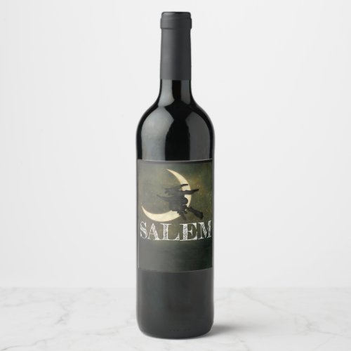 Salem Massachusetts Witch Over Moon Halloween Wine Label
