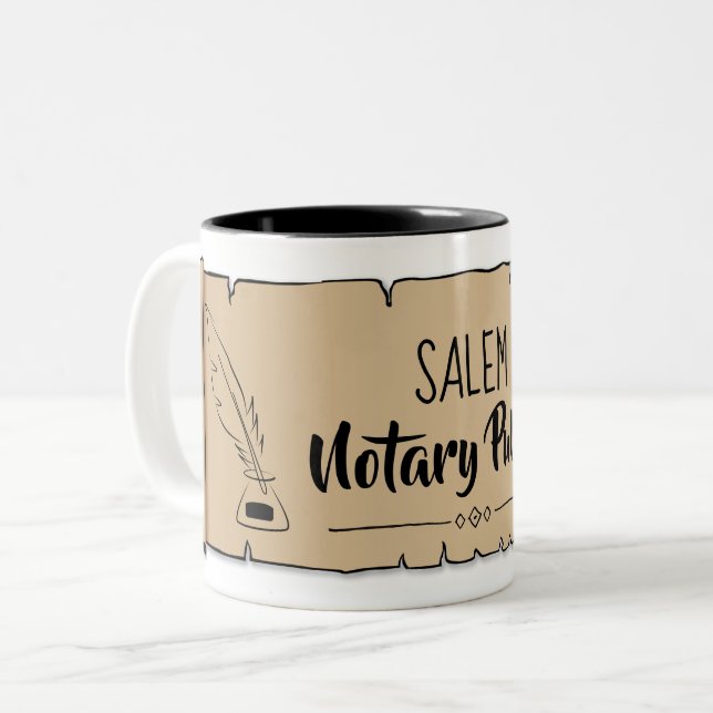 Salem Notary Public Scroll Feather Quill Two-Tone Coffee Mug (Front Left)
