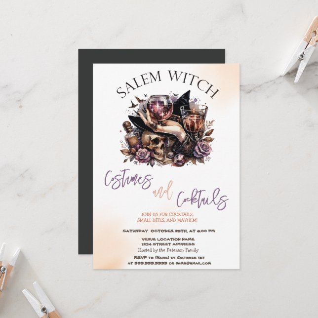 Salem Witch Costumes & Cocktail Halloween Invitation (Front/Back In Situ)