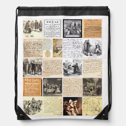 Salem Witch Trials letters documents collage art Drawstring Bag