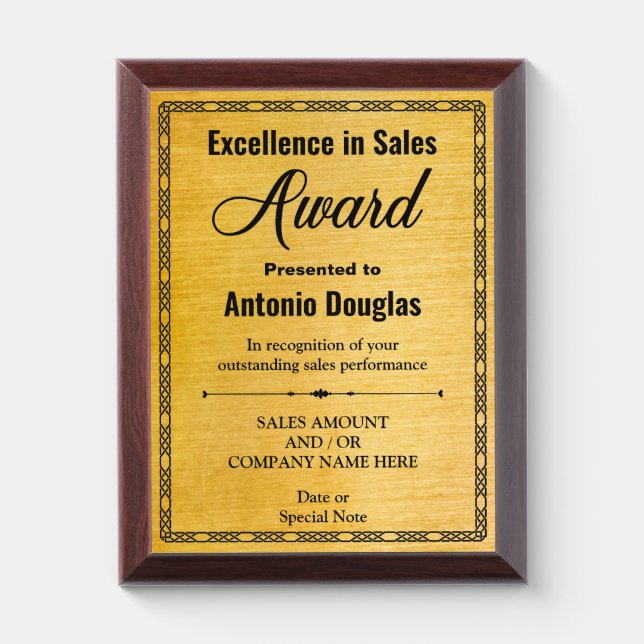 Sales Award Custom Gift for Excellence in Sales Plaque (Vertical)