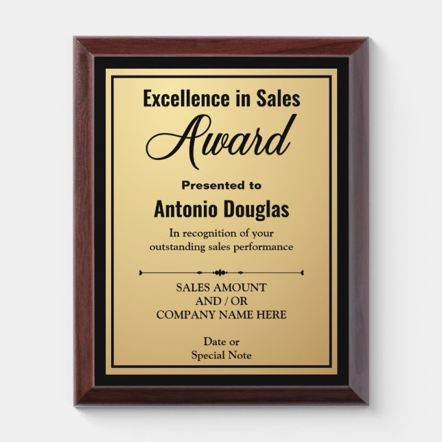 Sales Award Custom Gift for Excellence in Sales Plaque (Vertical)