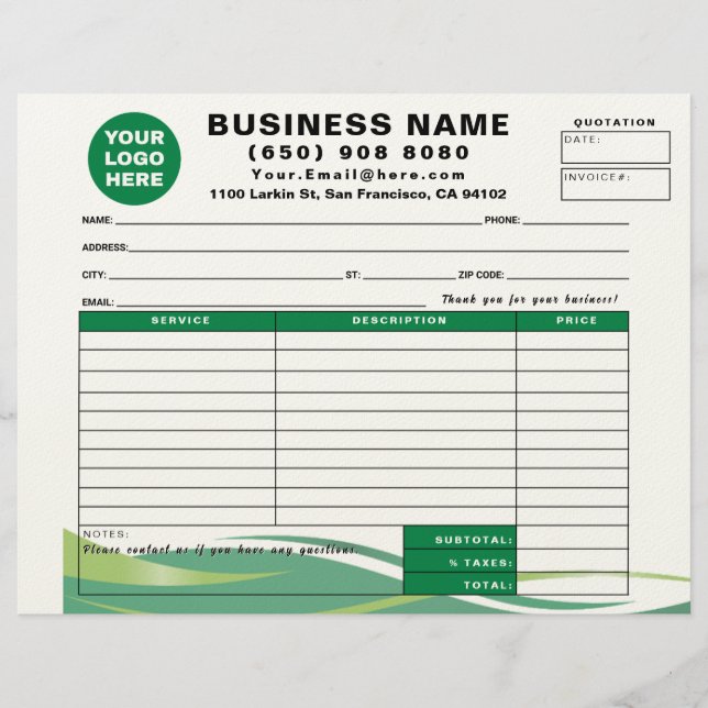 Sales Receipt Quotation Invoice Service Form Letterhead (Front)