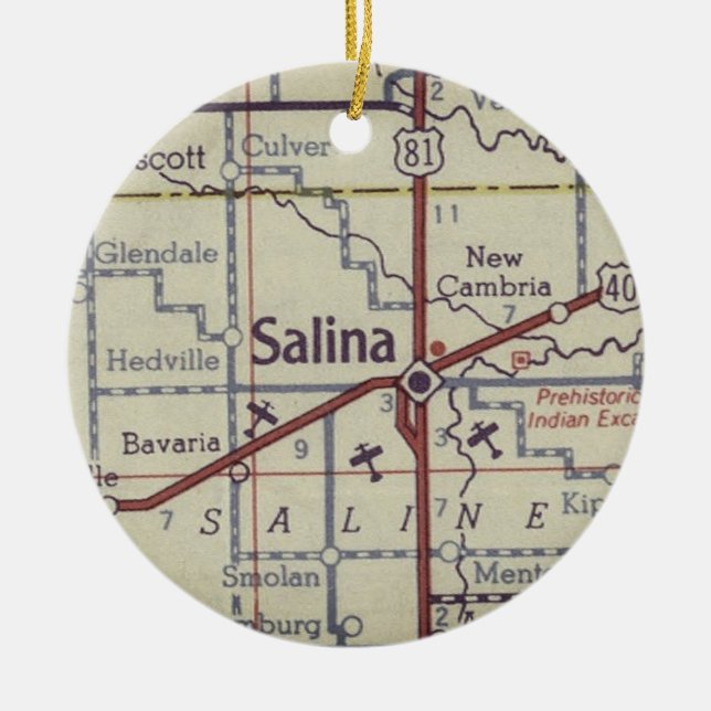 Salina Kansas Vintage Map Ceramic Ornament (Front)