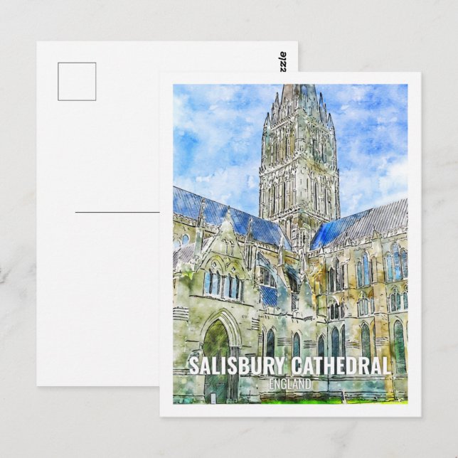 Salisbury Cathedral Travel Place Watercolor Postcard (Front/Back)
