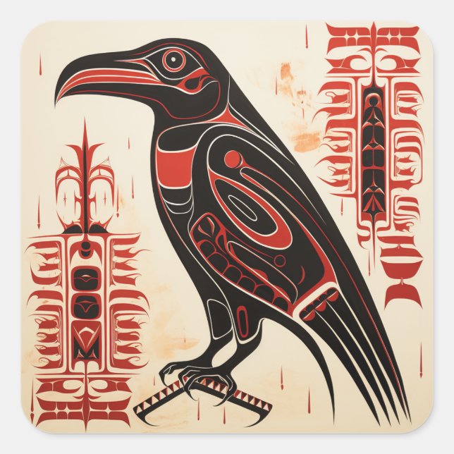 Salish native pacific northwestern art style raven square sticker (Front)