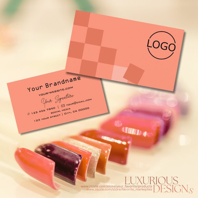 Salmon and Coral Checkered Modern with Logo Chic Business Card (Creator Uploaded)