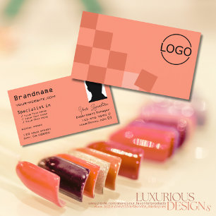 Salmon and Coral Checkered with Logo & Photo Chic Business Card