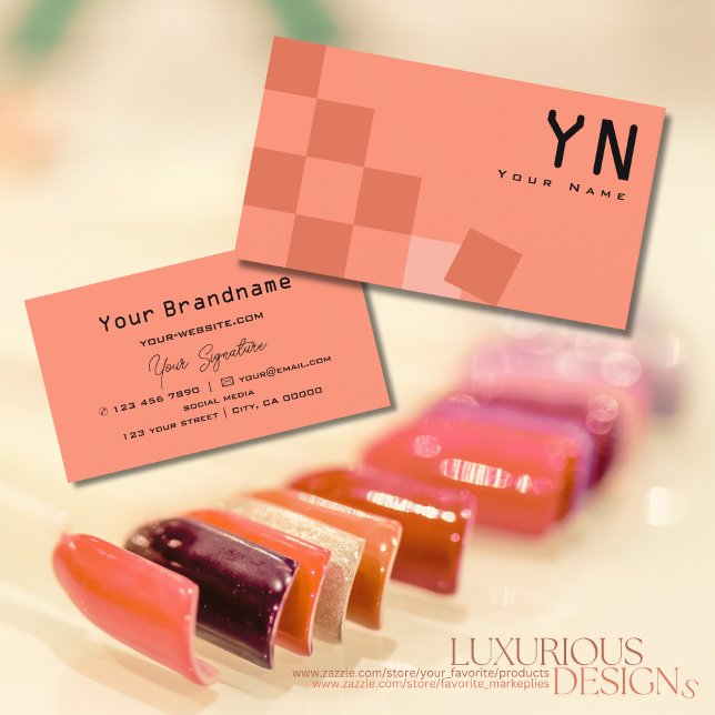 Salmon and Coral Checkered with Monogram Modern Business Card (Creator Uploaded)