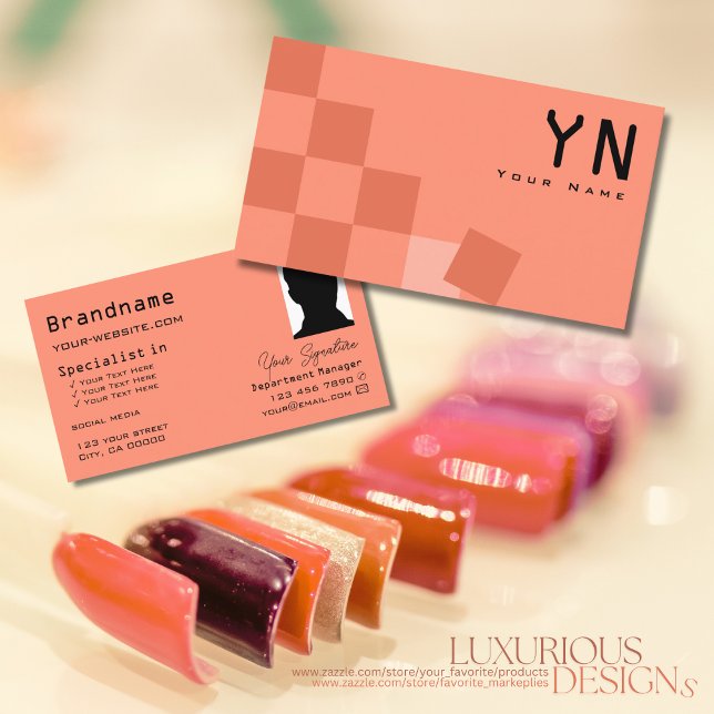 Salmon and Coral Checkered with Monogram & Photo Business Card (Creator Uploaded)