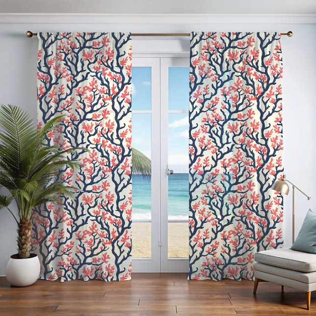 Salmon and Dark Dusty Blue Coral Sheer Curtains (Salmon and Dark Blue Coral Curtains)