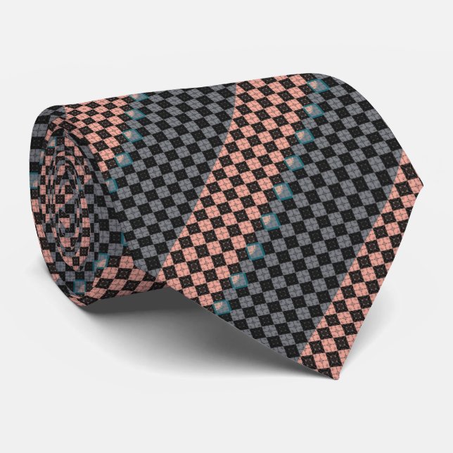 Salmon and Grey Diagonal Mini Argyle Diamond Tile Neck Tie (Rolled)