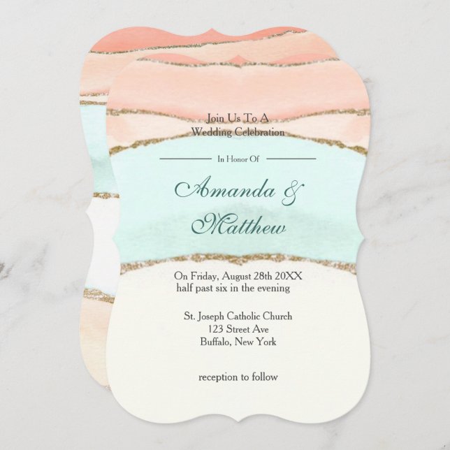 Salmon and Teal Gold Agate Wedding Invitations  (Front/Back)
