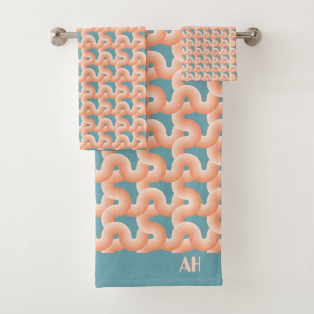 Salmon and Teal Knot Monogram Bath Towel Set (Insitu)