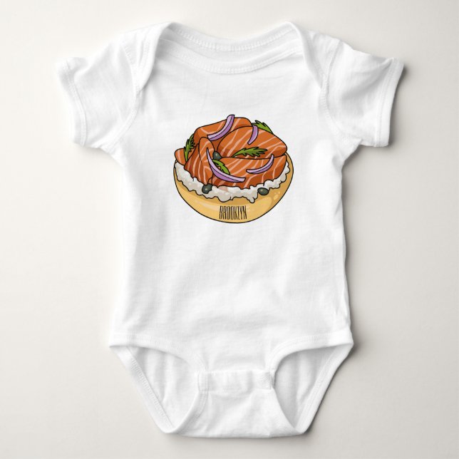 Salmon bagel cartoon illustration  baby bodysuit (Front)
