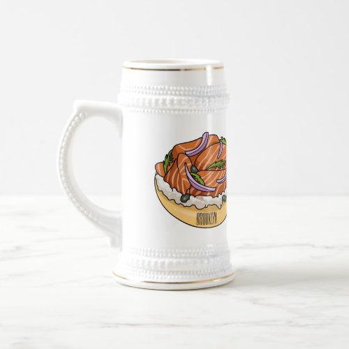 Salmon bagel cartoon illustration  beer stein