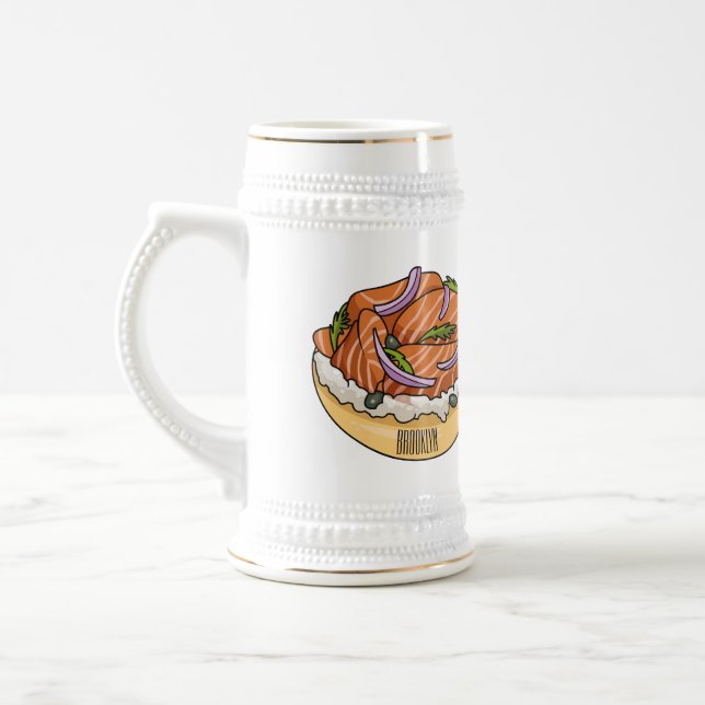 Salmon bagel cartoon illustration  beer stein (Left)