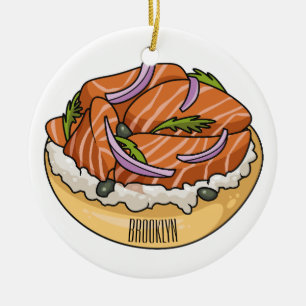 Salmon bagel cartoon illustration ceramic ornament