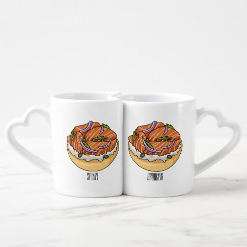 Salmon bagel cartoon illustration  coffee mug set