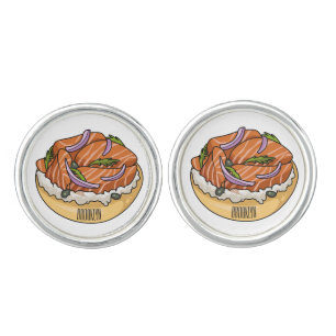 Salmon bagel cartoon illustration cufflinks