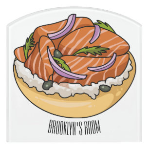 Salmon bagel cartoon illustration door sign