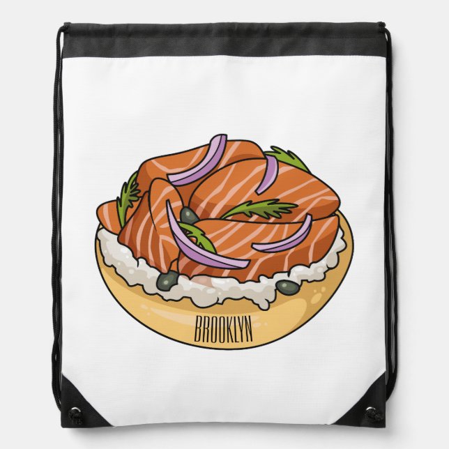 Salmon bagel cartoon illustration  drawstring bag (Front)