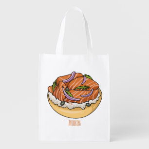 Salmon bagel cartoon illustration grocery bag