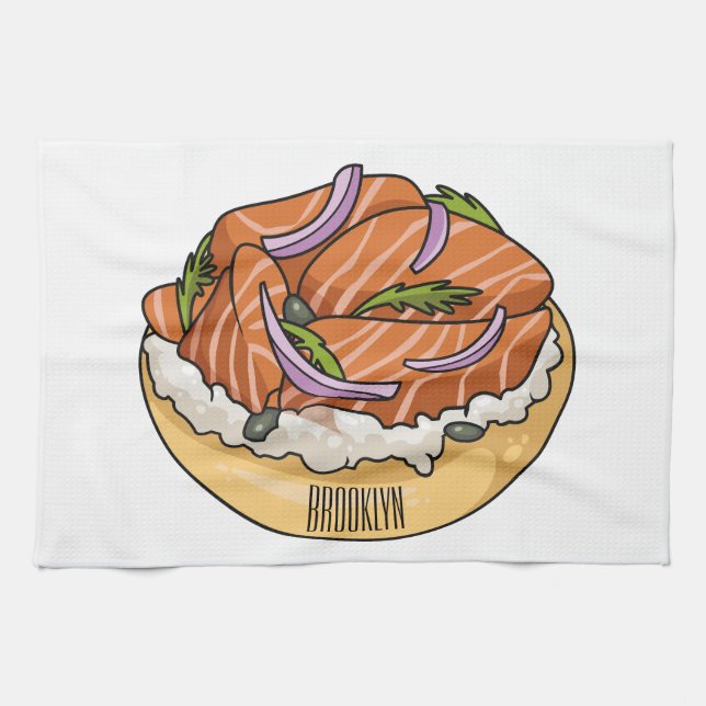 Salmon bagel cartoon illustration  kitchen towel (Horizontal)