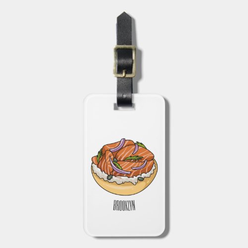Salmon bagel cartoon illustration luggage tag