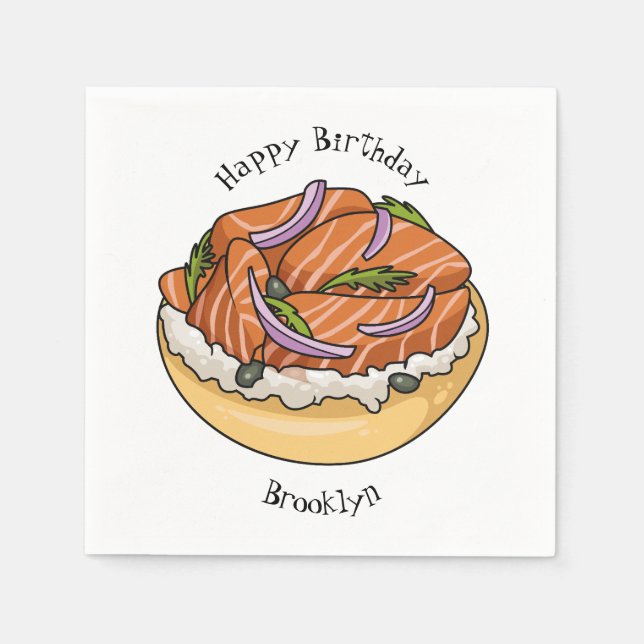 Salmon bagel cartoon illustration napkins (Front)