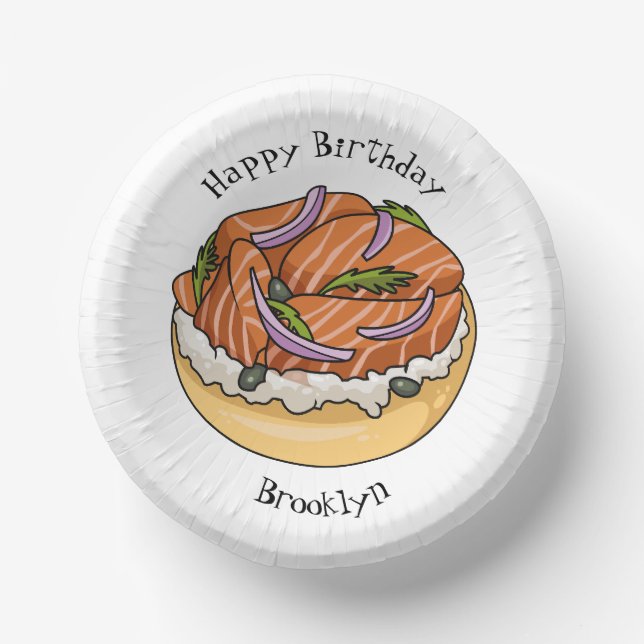 Salmon bagel cartoon illustration paper bowls (Front)