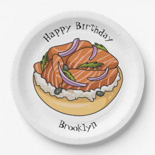 Salmon bagel cartoon illustration paper plates