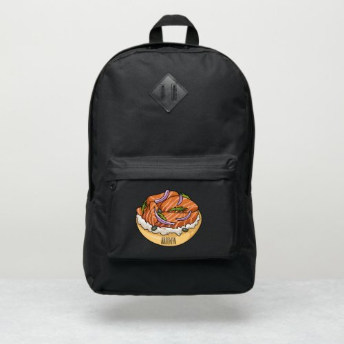Salmon bagel cartoon illustration  port authority backpack