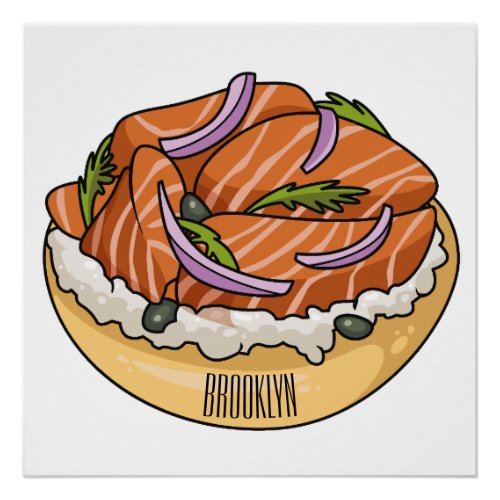 Salmon bagel cartoon illustration  poster