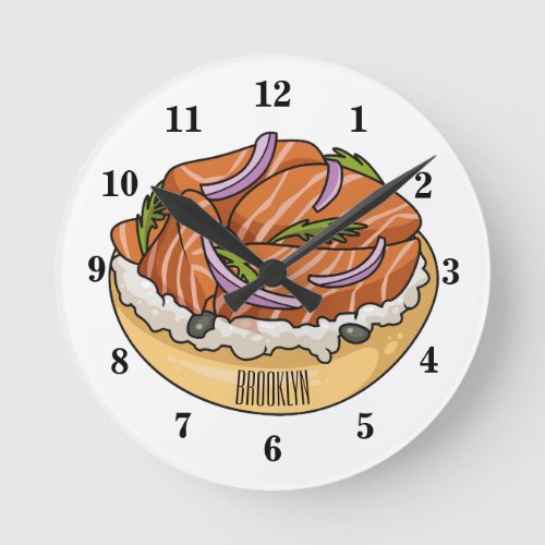 Salmon bagel cartoon illustration round clock