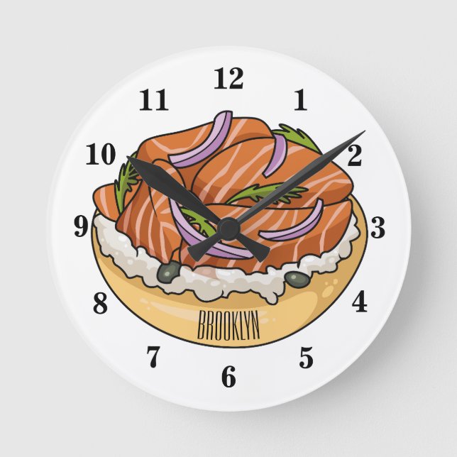 Salmon bagel cartoon illustration round clock (Front)