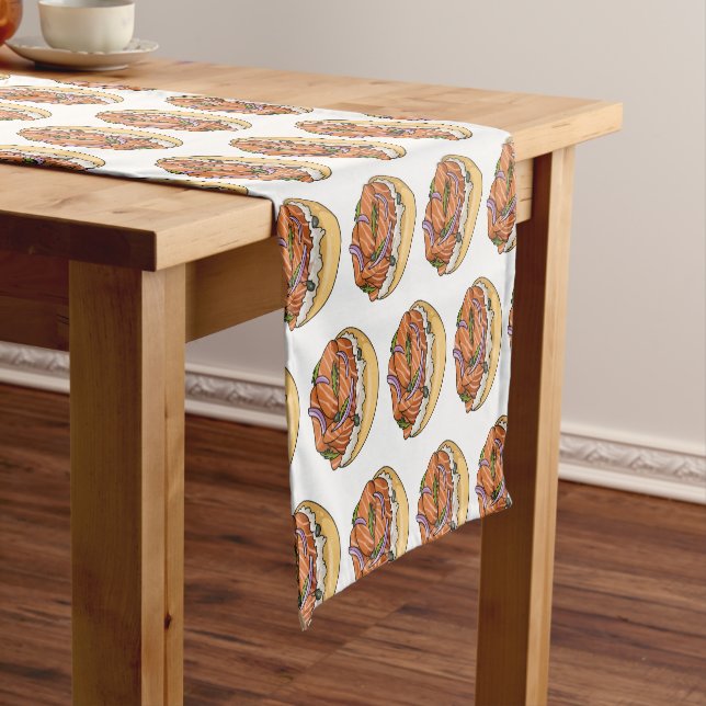Salmon bagel cartoon illustration  short table runner (In Situ)