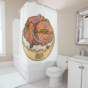 Salmon bagel cartoon illustration shower curtain