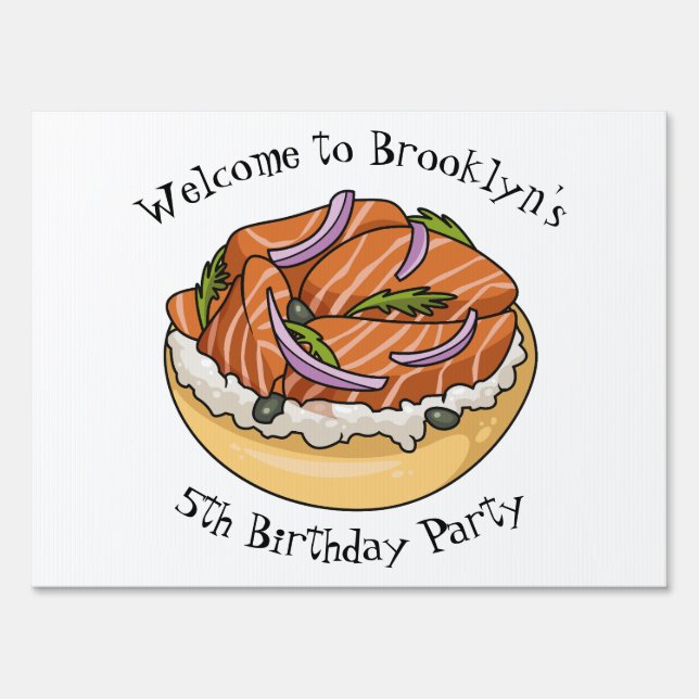 Salmon bagel cartoon illustration sign (Front)