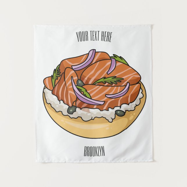 Salmon bagel cartoon illustration  tapestry (Front)