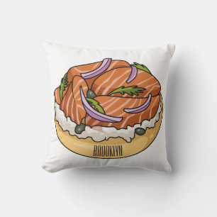 Salmon bagel cartoon illustration  throw pillow