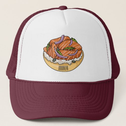 Salmon bagel cartoon illustration  trucker hat